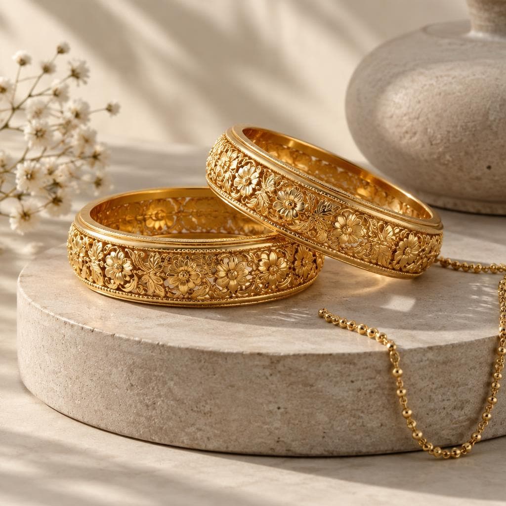 Intricately crafted gold bangles displayed on natural stone